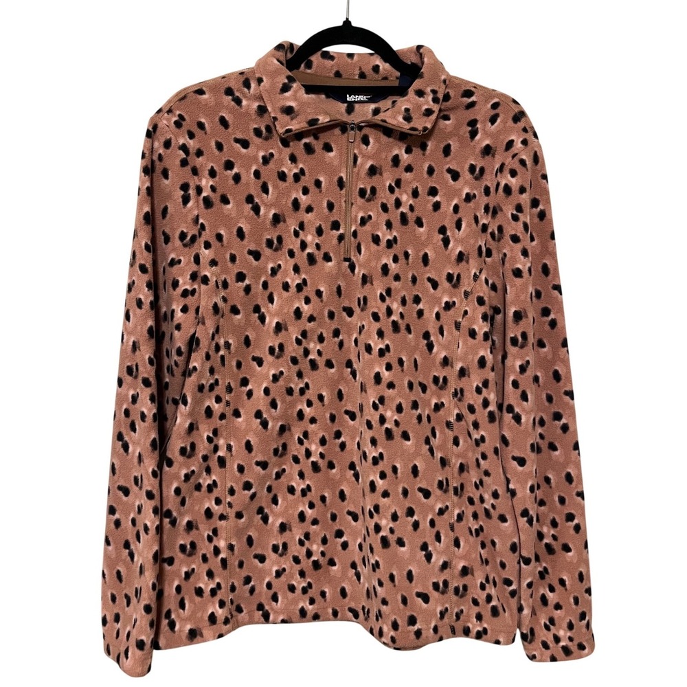 Lands End Women's Fleece Quarter Zip Pullover Leopard Animal Print Cozy Top M